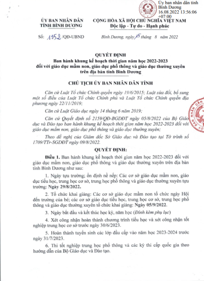Khung kế hoạch thời gian năm học 2022 - 2023