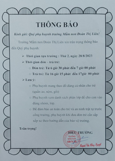 THÔNG BÁO TỰU TRƯỜNG