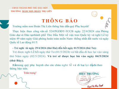 THÔNG BÁO NGHỈ LỄ 30/4-01/05 VÀ LỊCH HỌC BÙ 04/05/2024