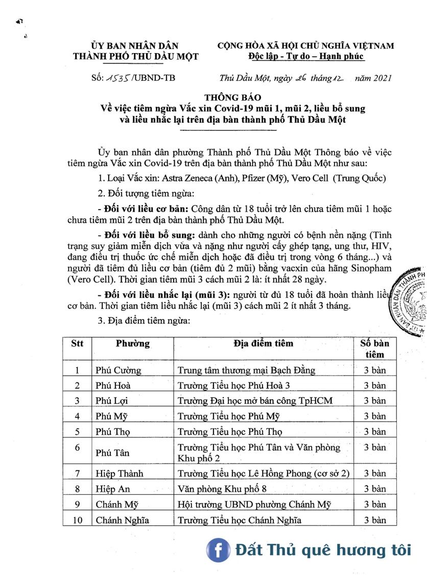 THÔNG BÁO TIÊM VẮC XIN