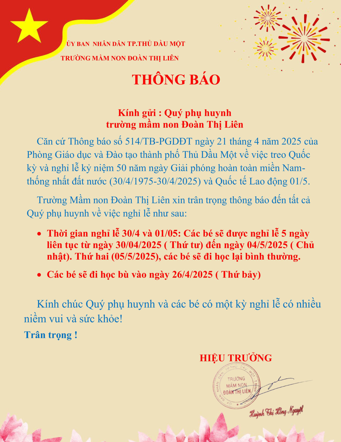 THÔNG BÁO NGHI LE 30 4