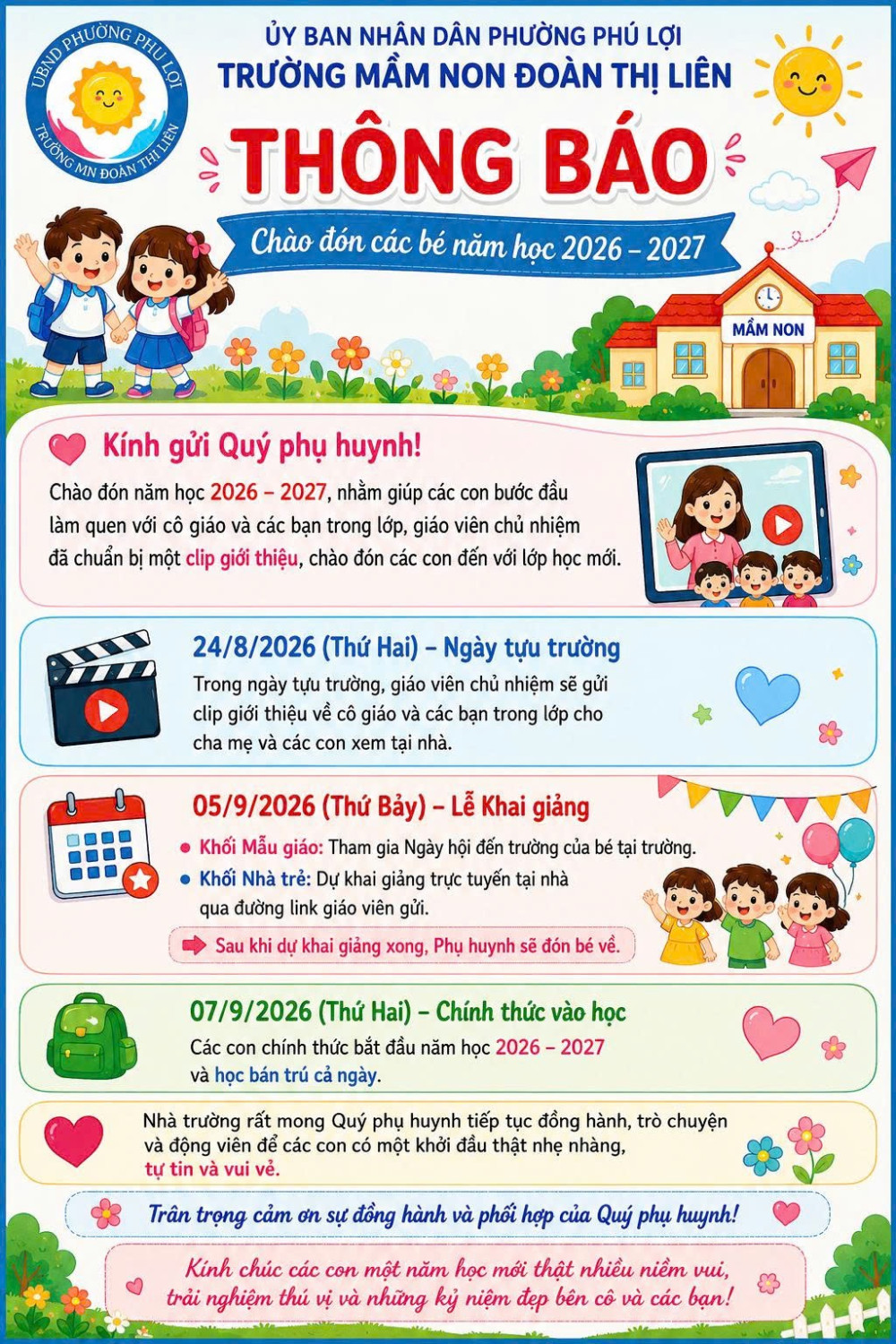 THÔNG BÁO THỜI GIAN NHẬP HỌC NĂM HỌC MỚI 2026-2027